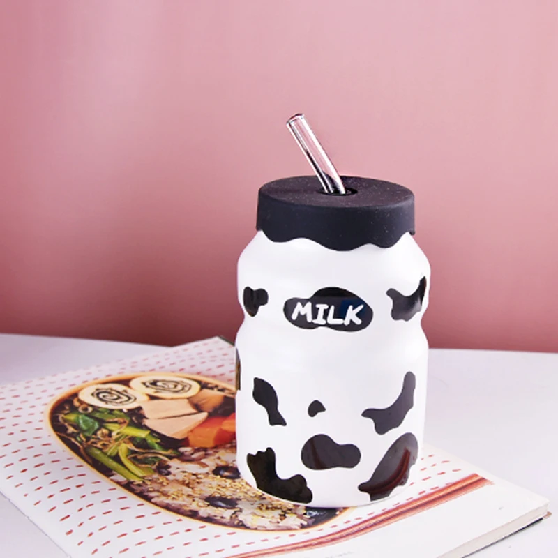 Cow Spot Straw Cup Small and Lovely Children\'s Ceramic Water Bottle with Cover and Straw Korean Simple Cartoon Milk Coffee Cup