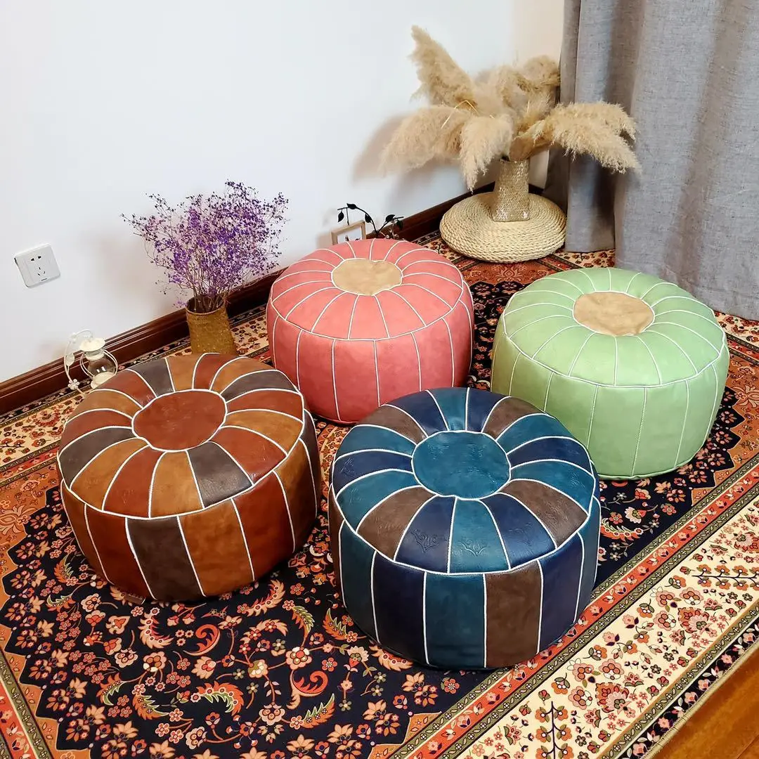 Moroccan PU Leather Pouf Embroider Craft Hassock Ottoman Footstool Round Large 50*50*30cm Artificial Leather Unstuffed Cushion