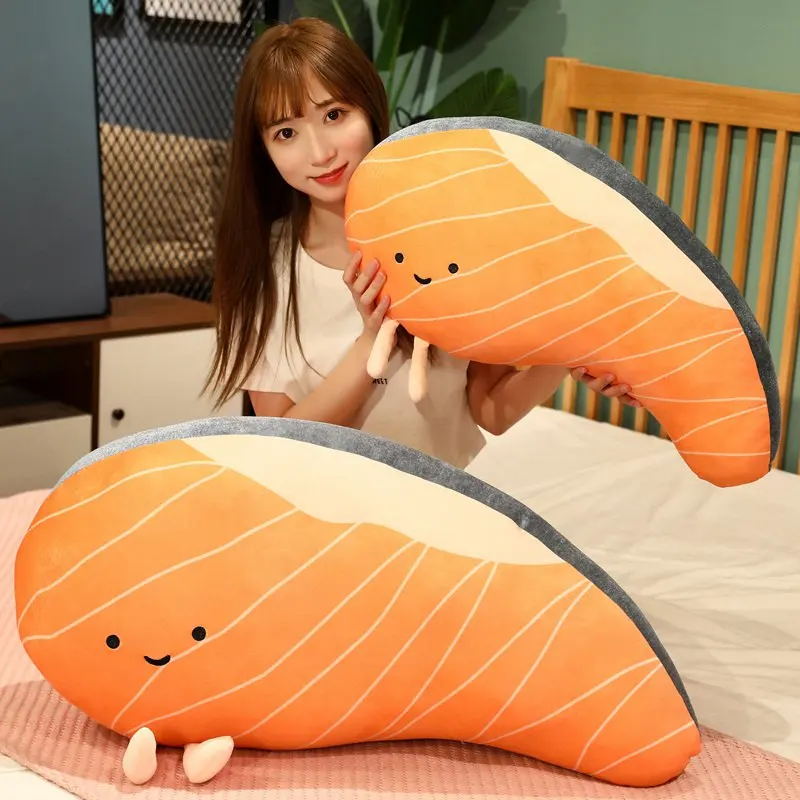 Almohada de peluche con diseño de filetes de salmón para niñas, juguete de almohada de felpa con diseño japonés, cojín de comida de dibujos animados, regalo de Navidad