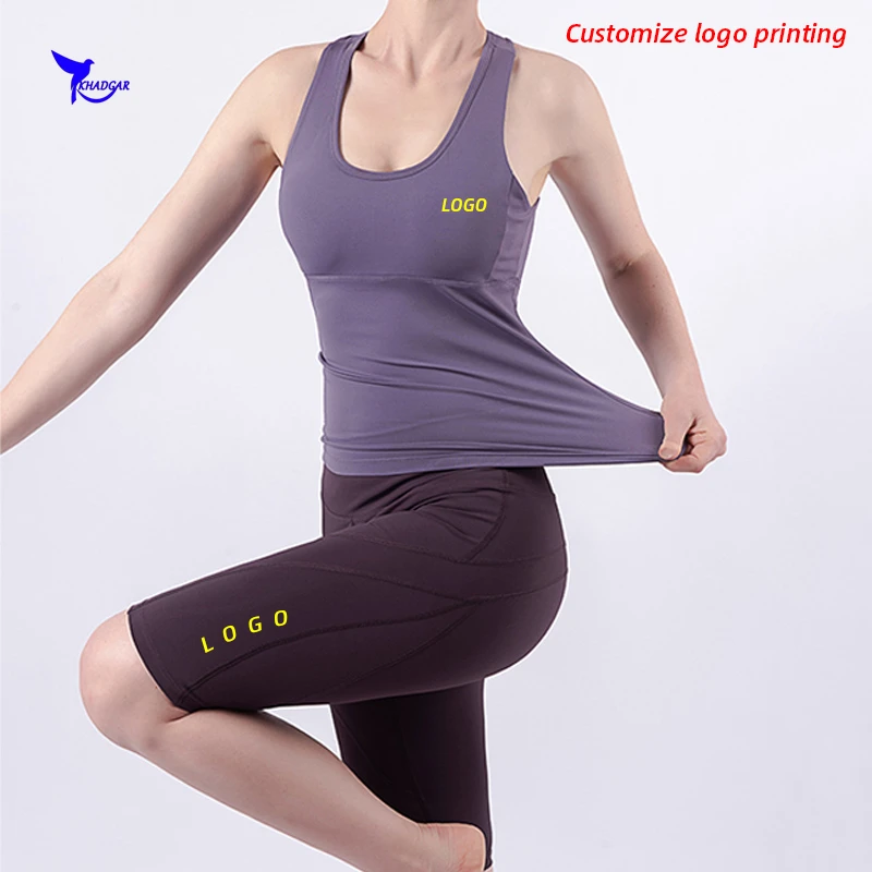 

Custom LOGO 2PCS Women Stretch Yoga Suit with Padded Quick Dry Gym Fitness Workout Running Set Vest+High Waist Tights Sport Suit