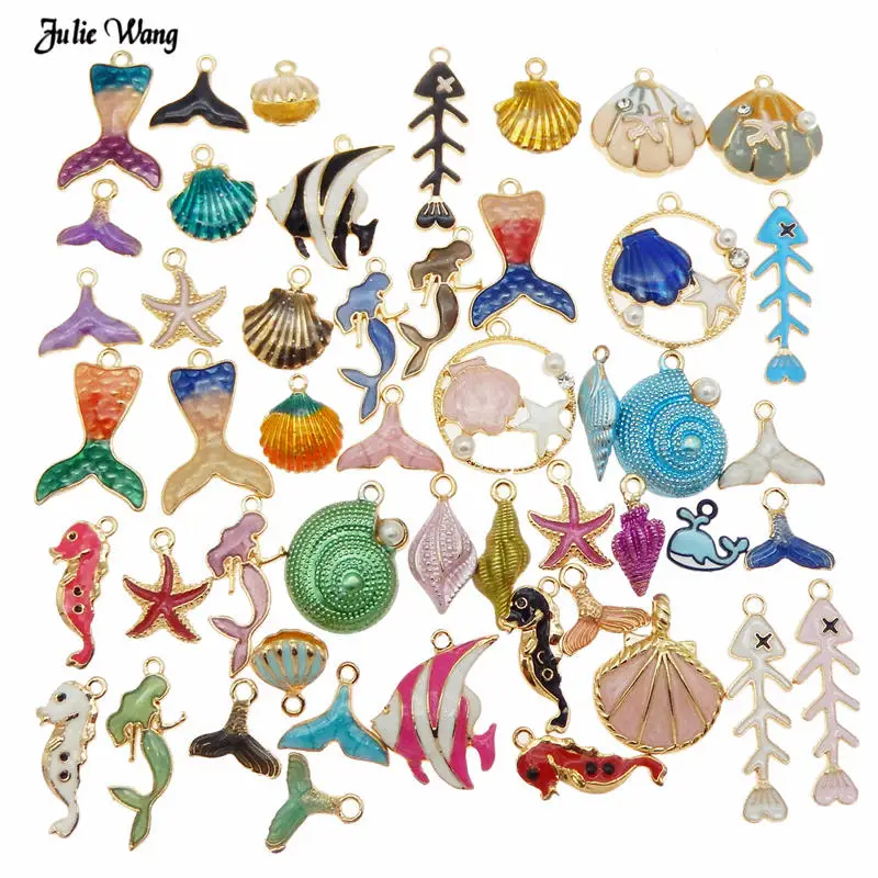 Julie Wang 20pcs Cute Alloy Enamel Animal Mermaid Charms Mixed Fish Conch Seashell Pendant Necklace Bracelet DIY Accessory