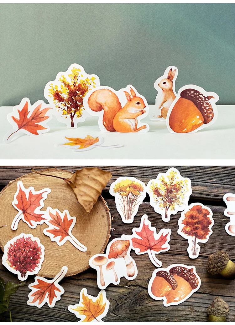 46 Pcs Autumn Forest Party DIY Adhesive Stickers Pack Decorative Album Diary Stick Labels Stationery for Creative Crafting
