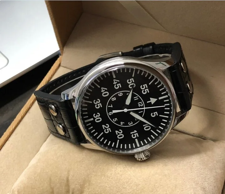 44mm GEERVO Black Sterile dial luminous Japanese VH31 quartz movement pilot men\'s watch 178-P8