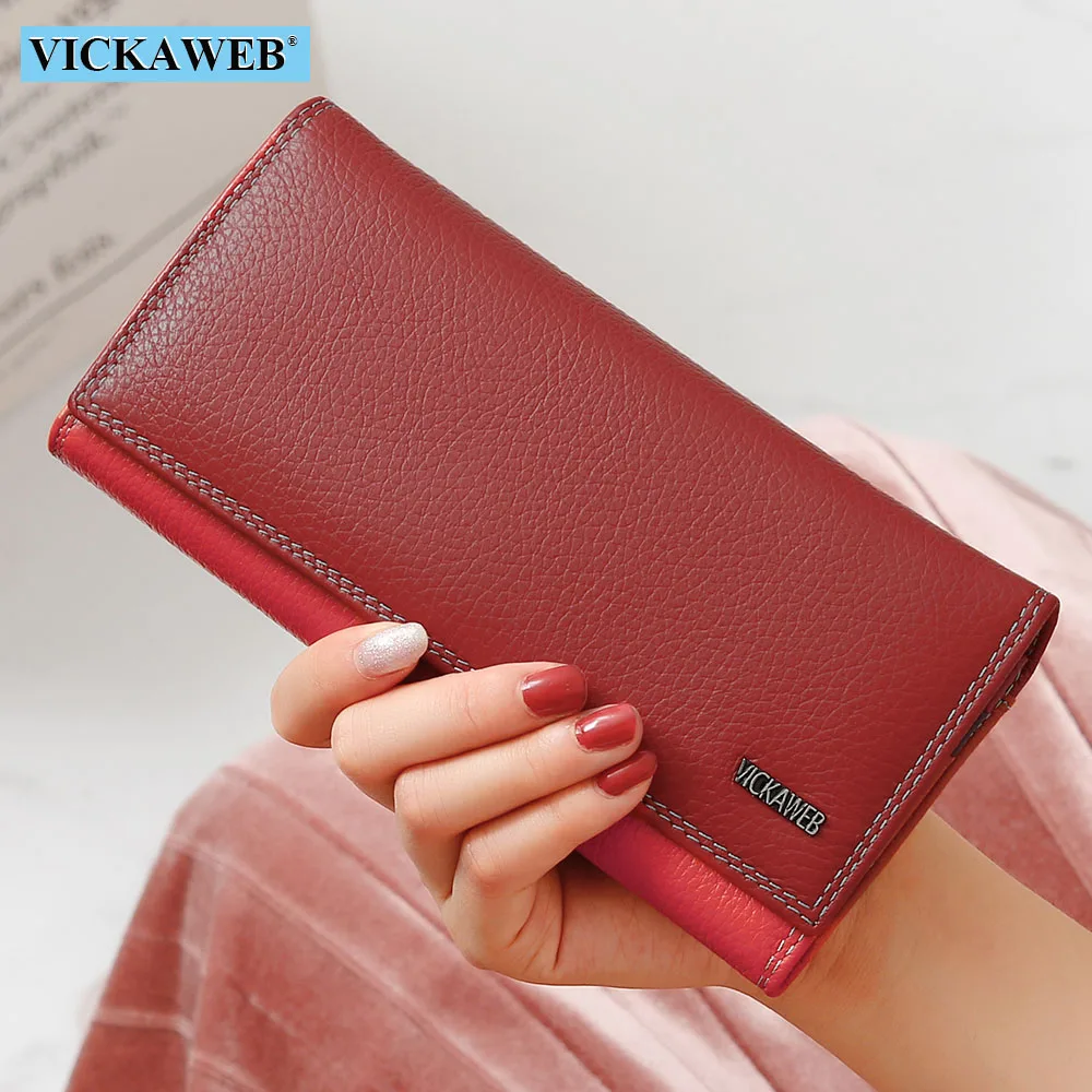 

VICKAWEB Women Wallet Female Long Patchwork Genuine Leather Money Purse Ladies Fashion Wallets Woman Hasp & Zipper Coin Purses