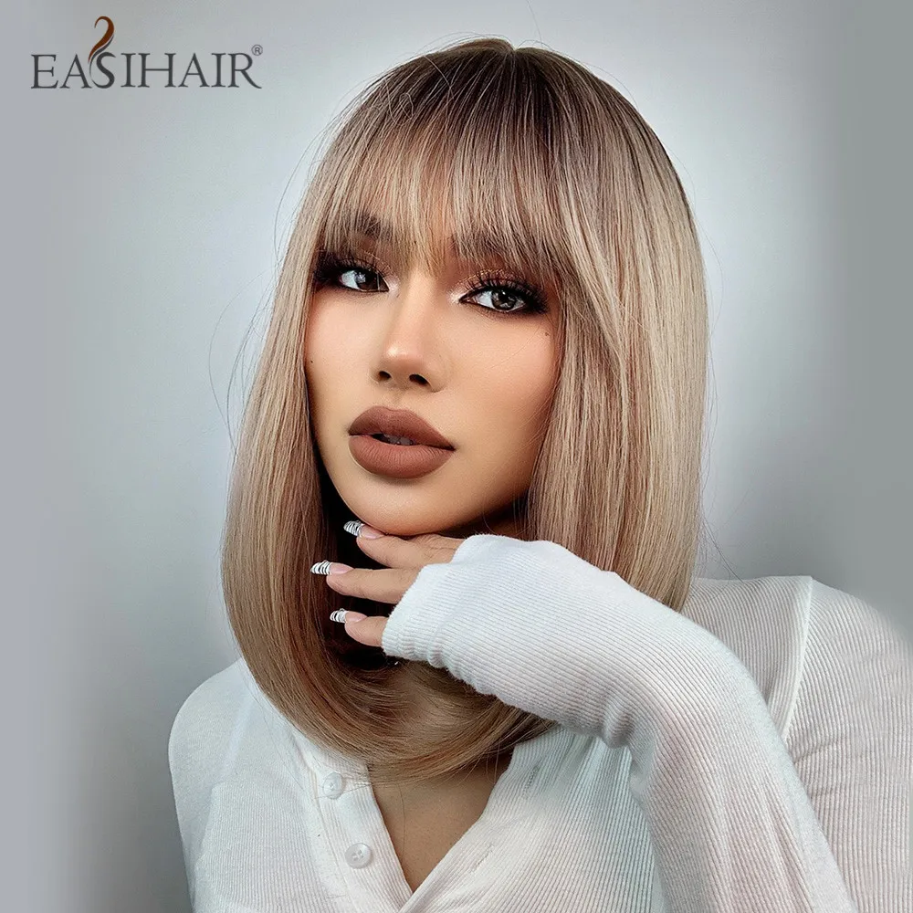 EASIHAIR Short Straight Bob Wigs with Bang Golden Brown Natural Synthetic Hair for Women Daily Cosplay Heat Resistant Fiber Wigs