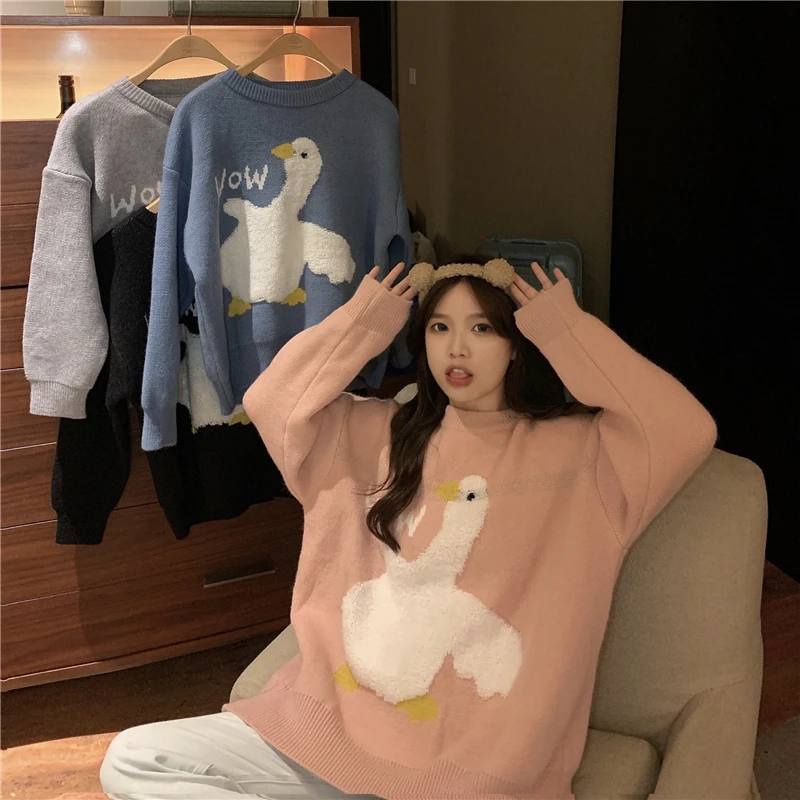 Knitted Sweater Women Fashion Casual Korean O Neck Long Sleeve Oversize Pullover Pull Plus Size Sweet Cartoon Goose Print Loose