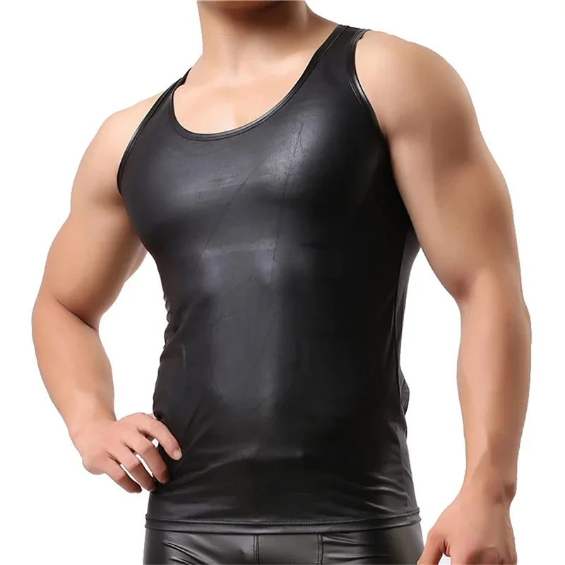 Mens Sexy Soft Sheath Leather Tank Tops Sleeveless Erotic Shaping Stretch Shirts Latex Bodycon Metallic Leather T-shirts Sexi