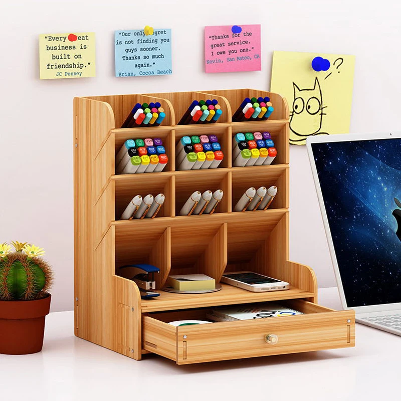 Large Capacity Multi-function Wooden Desktop Pen Holder Office School Storage Case Desk Pencil Organizer Stationery Supplies