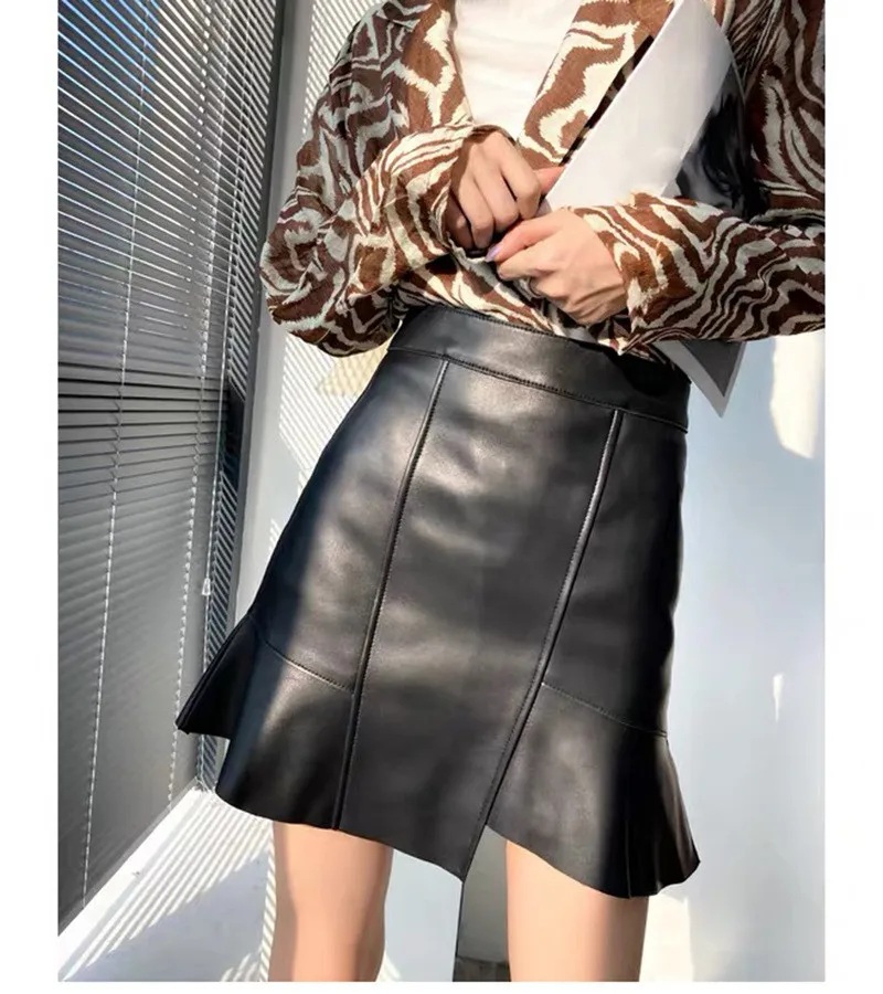 Spring Autumn Women's High-rise Leather Skirt High Quality Genuine Leather Ruffles Fishtail Skirt C232