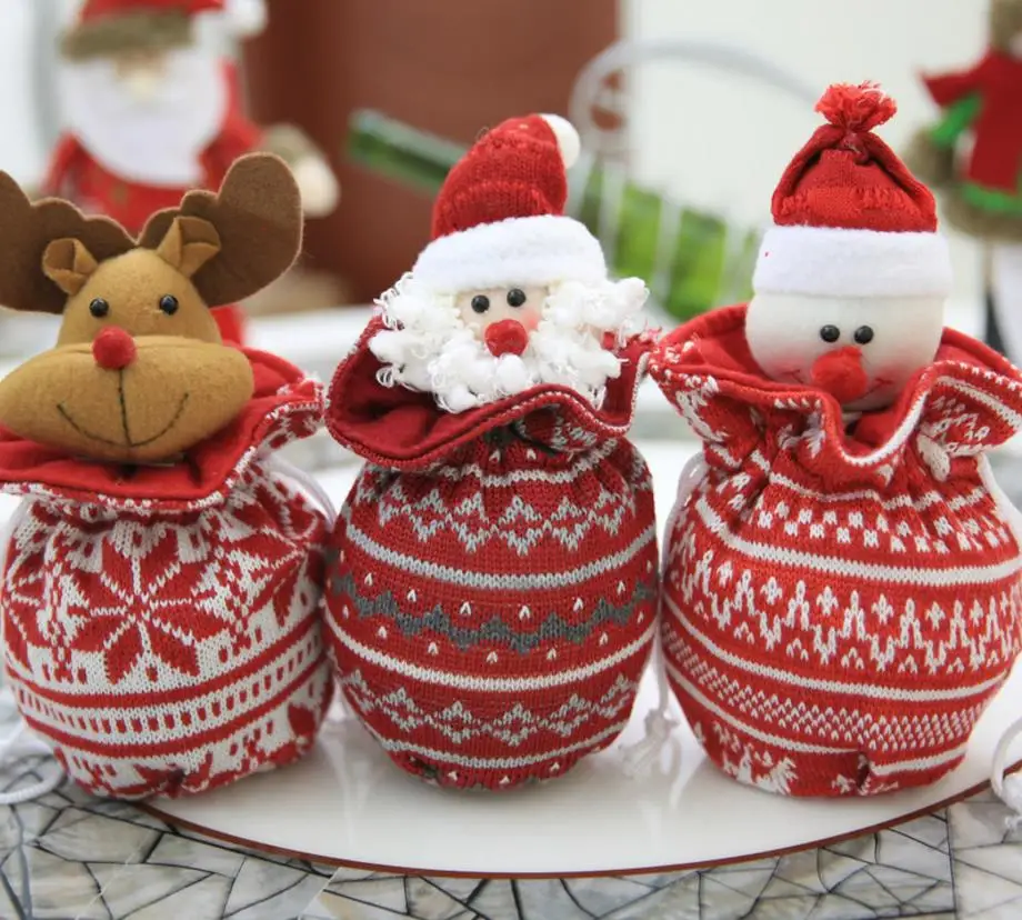 

Knitted Christmas Decoration Gift Wrap Xmas Drawstring Party Favor Pouche Candy Treat Apple Fruit Packaging Santa Snowman 20pcs