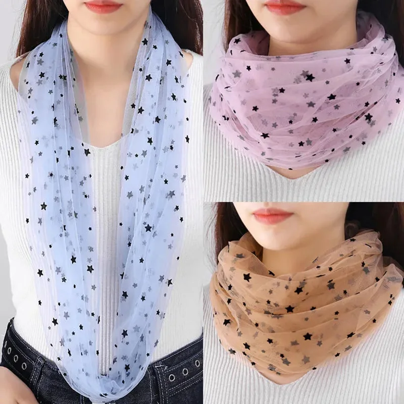 Women\'s Mesh Lace Star Flocking Neck Guard False Collar Hedging Silk Scarf Summer Solid Color Long Beach Sunscreen Scarve T60