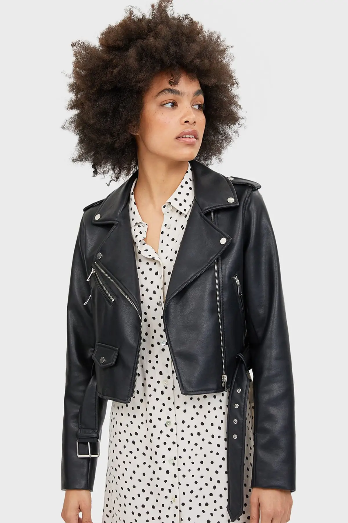 Women's Black Arched Faux Leather Basic Jacket