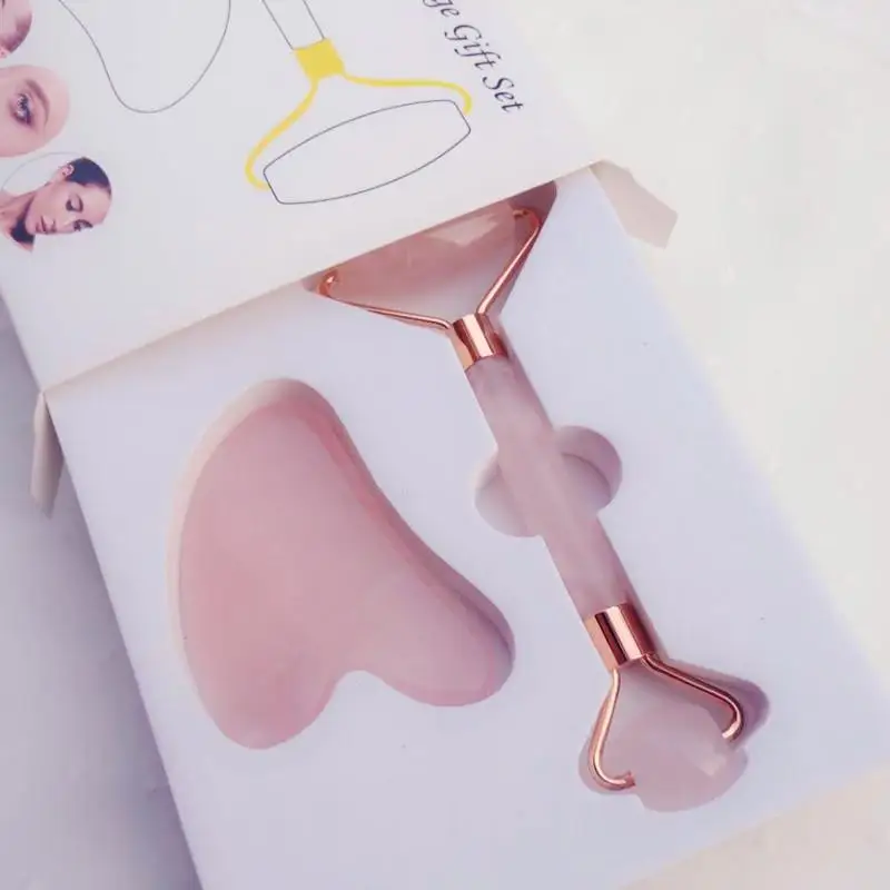 Face Lifting Tool Massager Rose Quartz Roller Slimming Natural Jade Facial Massage Roller Stone Skin Massage Beauty Care Set Box