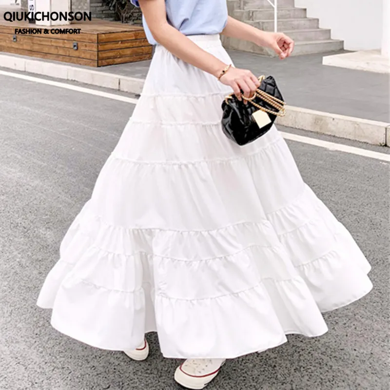 Qiukichonson Summer High Waist A-Line Ruffle White Black Long Skirts Womens Maxi Skirt Chiffon Rokjes