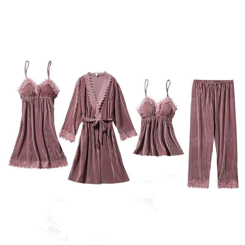 

Pink Striped Pajamas Set Women Lace 4PCS Sleepwear Velour Pijamas Suit Sexy V-neck Kimono Gown Velvet Robe Suit Home Clothing