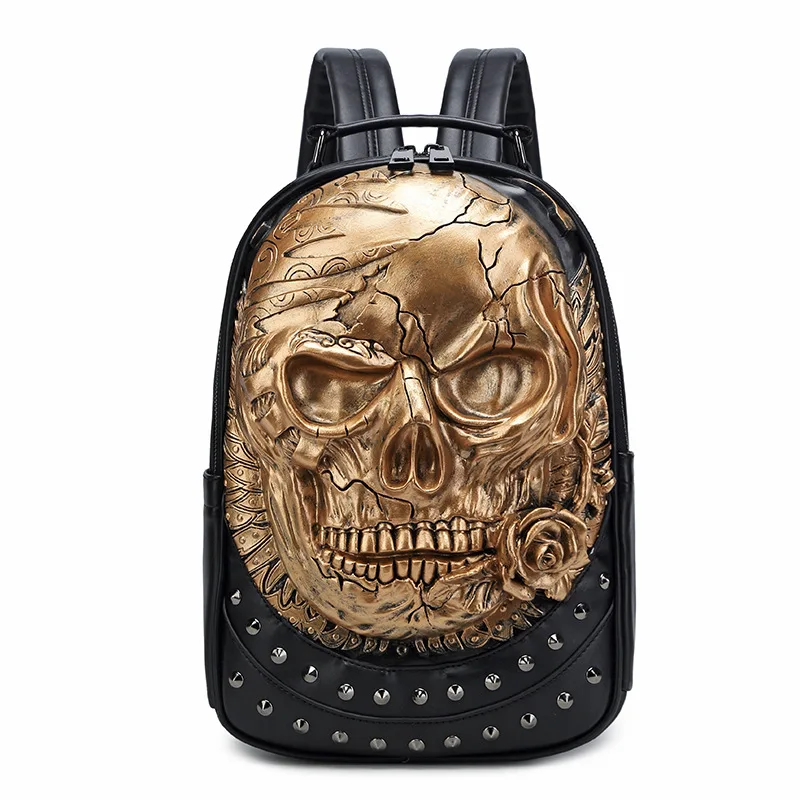 JIEROTYX Rivet 3D Skull Skeleton Embossed Shoulder Bag Travel Backpack Restore Halloween Cool Dark Gothic Carving Backpack