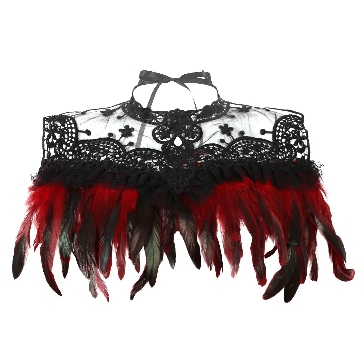 Women Costume Decoration Embroidery Lace Shrugs Cape Shawl Real Natural Feather Harness Collar Necklace Bib With Ribbon Ties