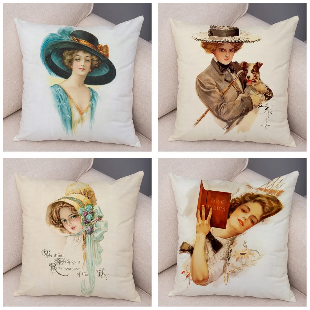 European Lady Cushion Cover Decor Vintage Style Elegant Women Print Pillowcase for Sofa Home Car Soft Plush Pillow Case 45x45cm