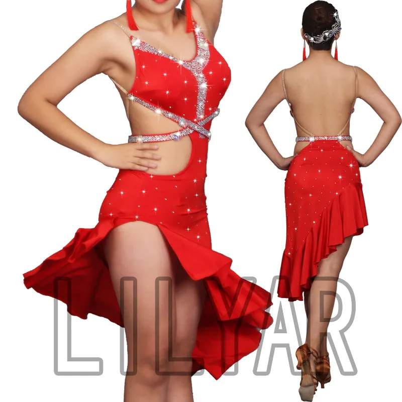 

New Latin Dance Dress Competition Dress Costumes Skirt Performing Dress Sparkly Rhinestones Adult Customize Children