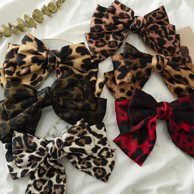 New Fashion Boutique Cloth Leopard Three Layers Big Bow Hairpin Spring Clip Barrettes Women Girls Hair Accessoriesr Headwear