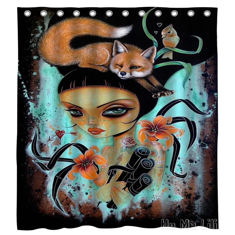 Biodiversity Big Head Black Girl Evil Spirit Fox Ink Dyeing By Ho Me Lili Shower Curtain With Hooks