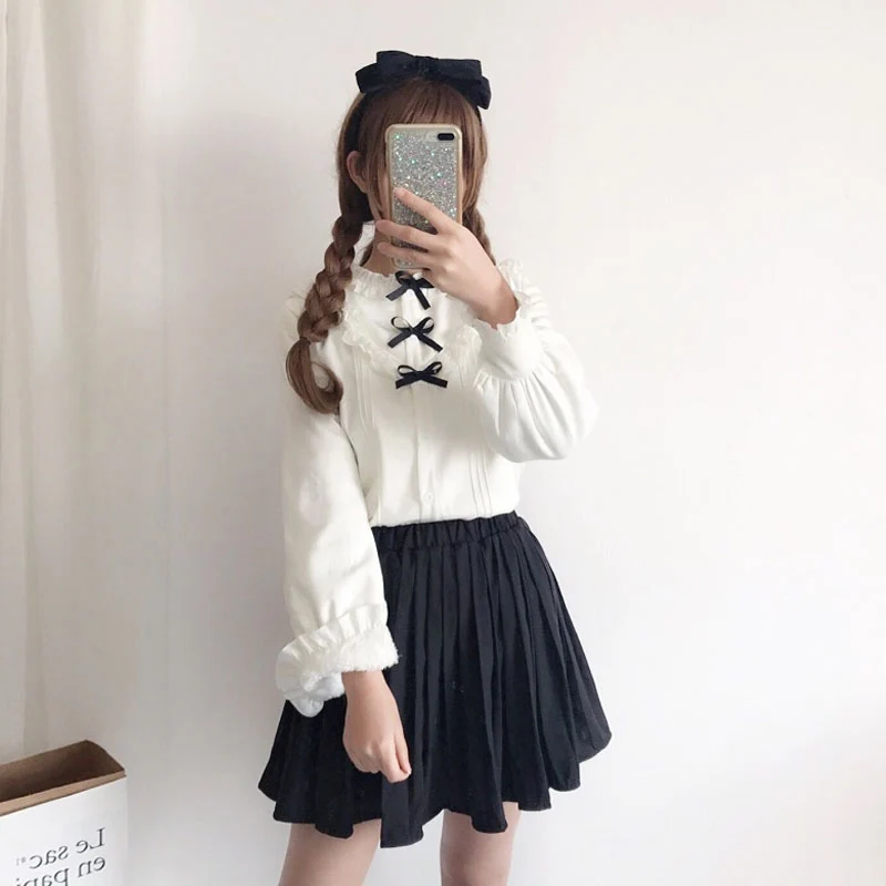 Vintage Cung Điện Sweet Lolita Áo Sơ Mi Phối Ren Tinh Tế Tay PHồng Nơ Đáng Cô Gái Victoria Áo Sơ Mi Gothic Lolita Đầu Cos Loli Top