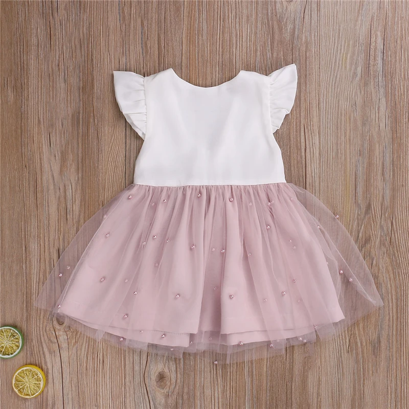 0-5Y Summer Princess Infant Baby Girls Dress Ruffles Sleeve Solid Pearl Lace Patchwork Back Bowknot Tutu Dress