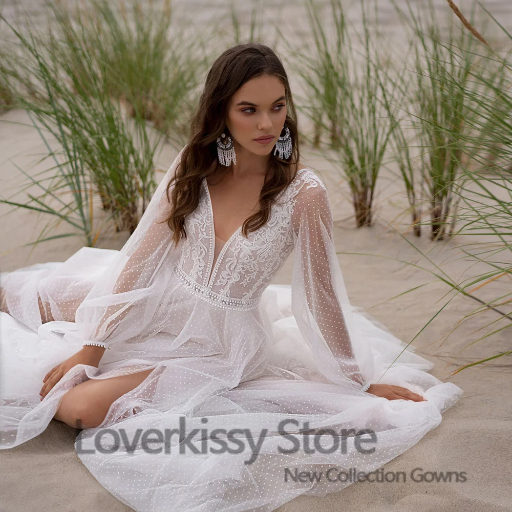 Loverkissa – robe de mariée en Tulle, tenue de plage romantique, à pois, avec fente, manches longues, col en v, style Boho, Vintage, 2022