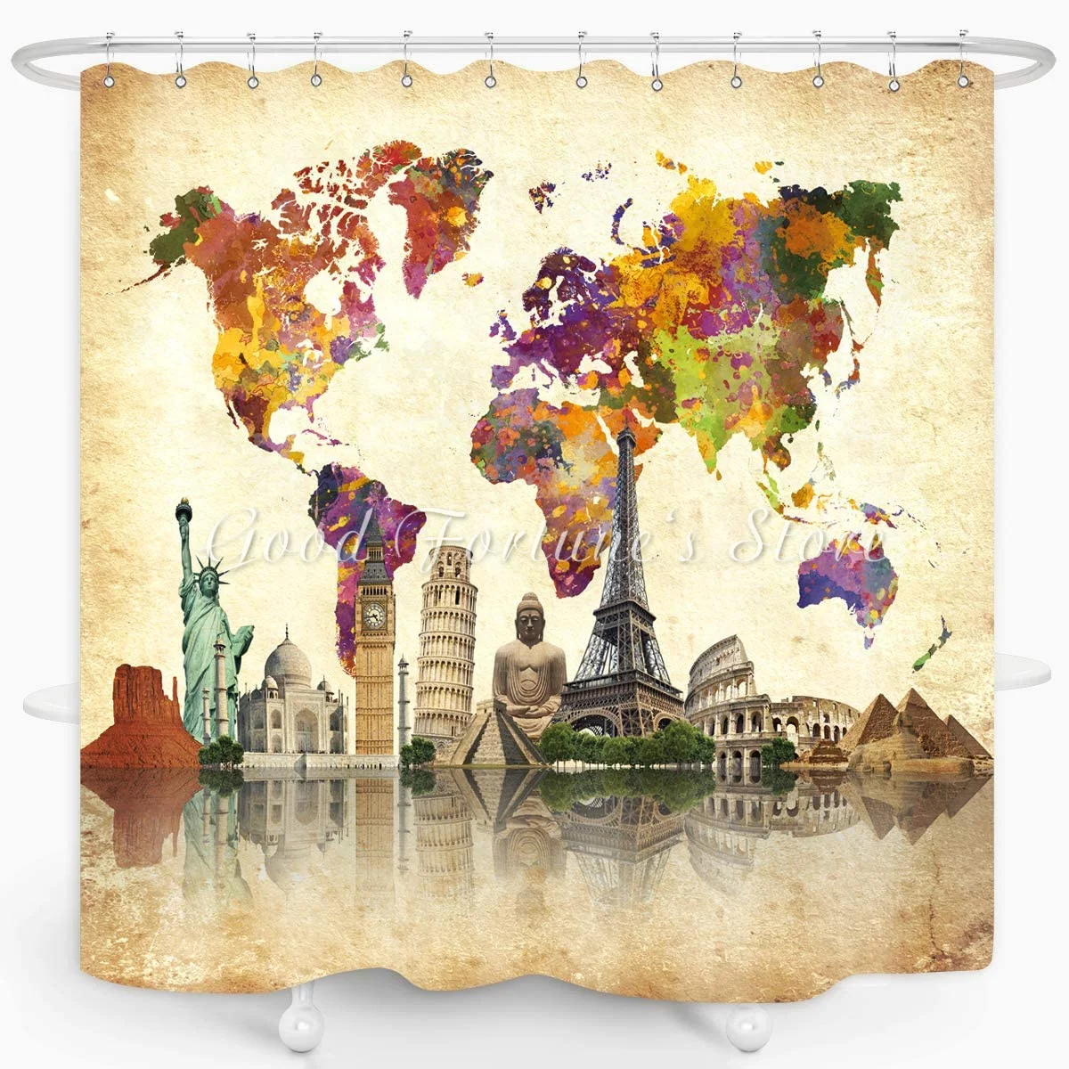 Vintage World Maps And Famous Cultural Landmarks, The Statue Of Liberty Eiffel Tower Big Ben, Shower Curtain Bathroom Decoration