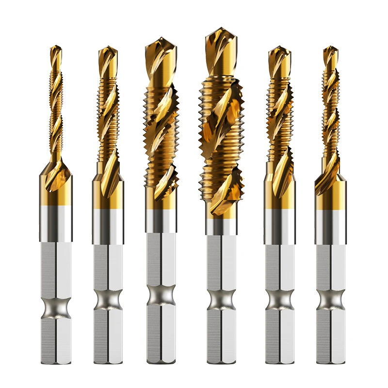 Titanium Plated Hex Shank Tap Drill Bits Set HSS Countersink Thread Metric Screw Machine Compound M3 M4 M5 M6 M8 M10 Hand Tools