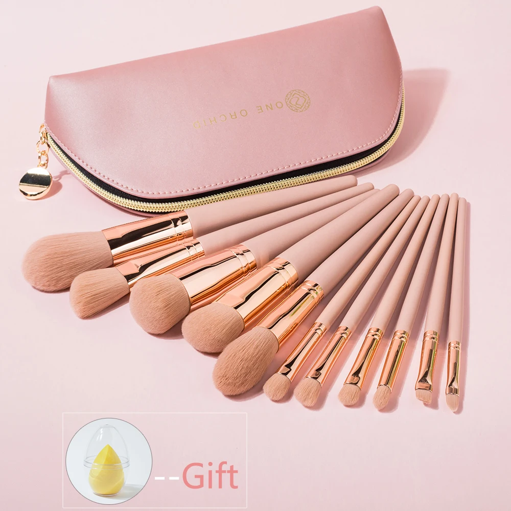 Shinedo 11 pcs synthethic hair makeup brushes set cosmetic powder eyeshadow foundation kabuki blush blending  with pink handle