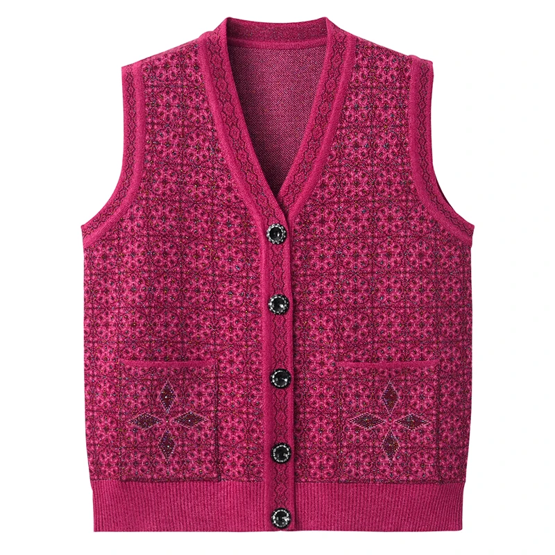 Middle-aged and Elderly Women\'s Sweater Vest Waistcoat Spring Autumn Sleeveless Coat Cardigan Knit Short Sweater Vest 4XL K1103