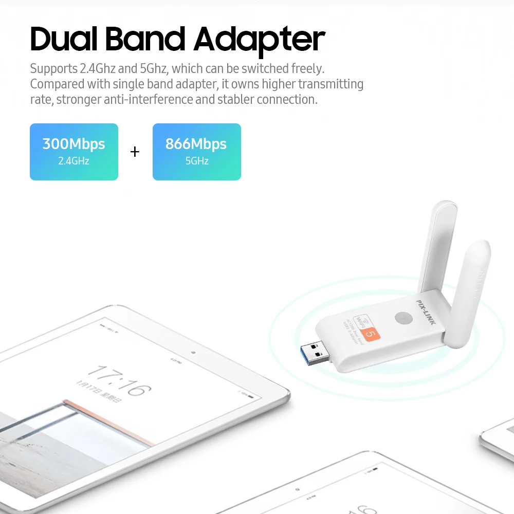 USB Repeater Wireless USB WiFi Adapter Dual Band 2.4G(up to 300Mbps) & 5G(up to 866Mbps)/2 High Gain Antennas/High Security