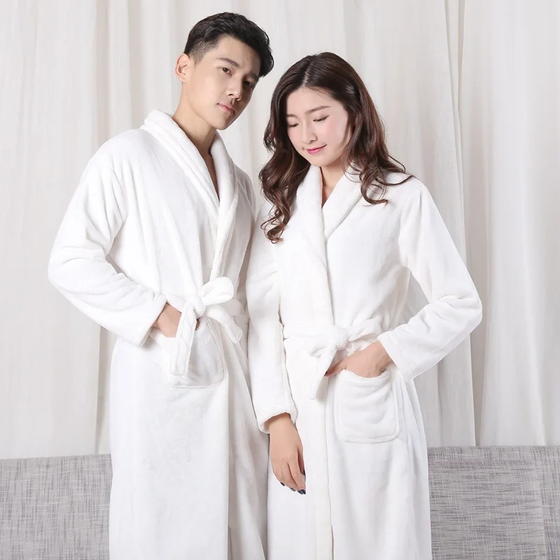 White Solid Robes Women Fall Winter Sashes All-match Flannel Thick Warm Fluffy Simple Couples Bathrobes V-neck Tender Nightwear