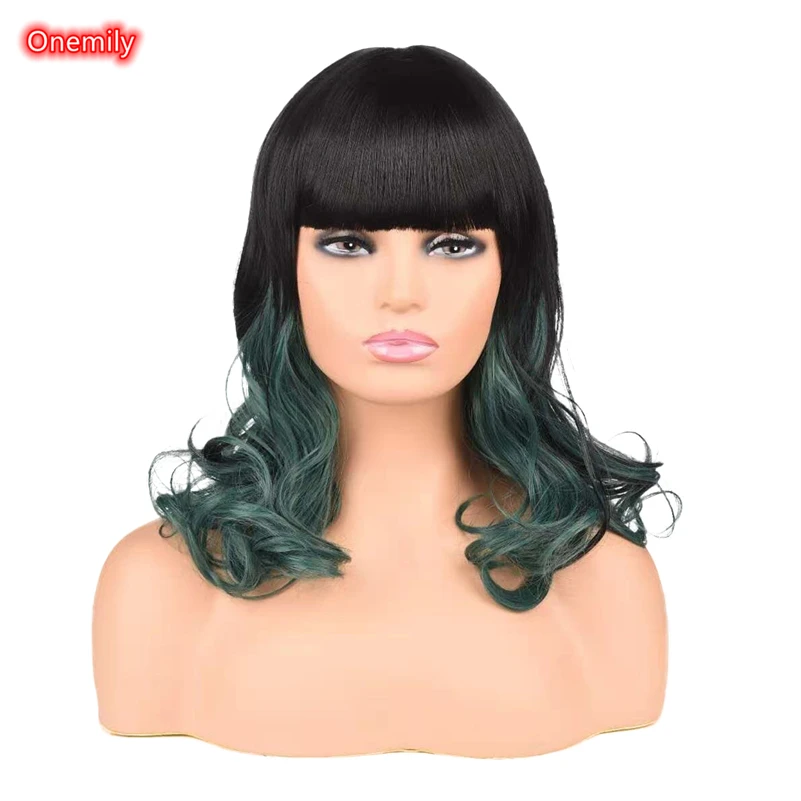 Onemily Long Wavy Cosplay Wig with Neat Bangs Black Green Mix Synthetic Natural Wigs for Halloween Costume