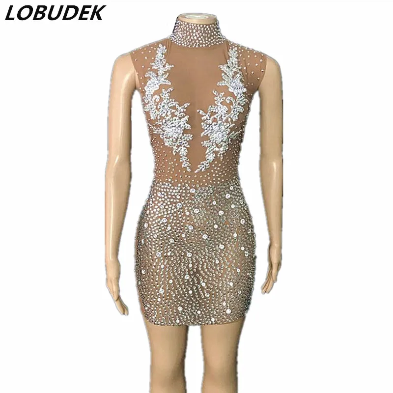 Luxury Rhinestones Mesh Transparent Short Dress Women Birthday Prom Evening Party Singer Host Stage Performance Outfit Costume