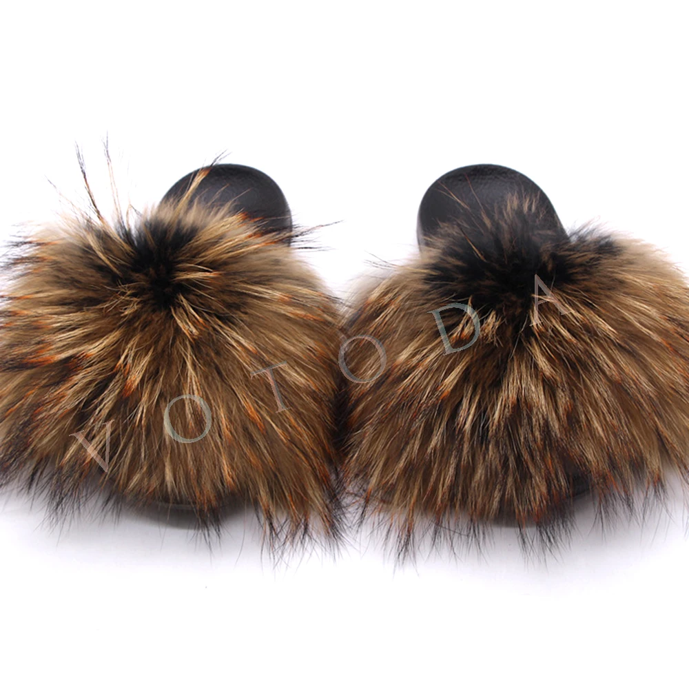 Summer Women Fur Slippers Woman Fluffy Raccoon Fox Fur Slides Female Furry Outside Flat Flip Flop Ladies Rainbow Slip On Sandals