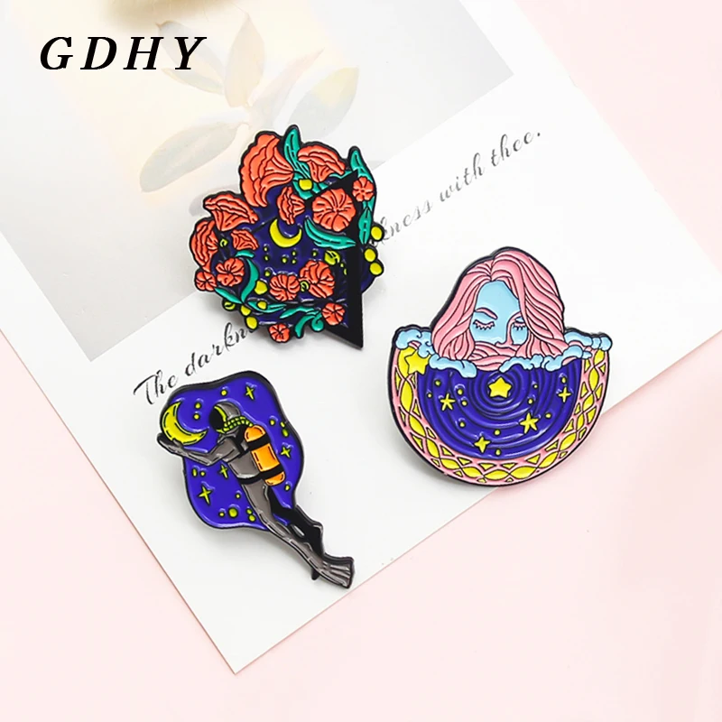 GDHY Night Sky Enamel Pins Star Moon Flower Astronaut Diver Space Cosmic Brooches beautiful girl Jewelry for Kids Wholesale