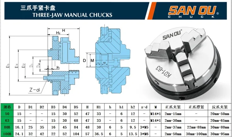 SAN OU 4-jaw self-tightening chuck 50mm K02-50 for small lathe wood