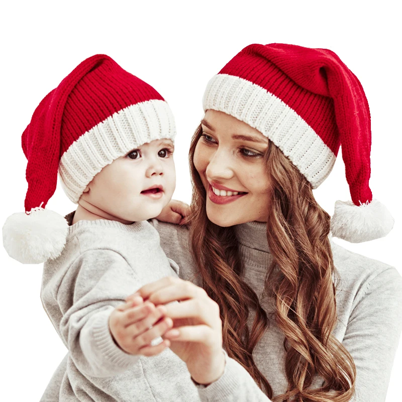 Christmas Mother Kids Hat for Girls Boys Winter Baby Beanie Pompom New Years Children Cap Baby Knitted Hats Accessories