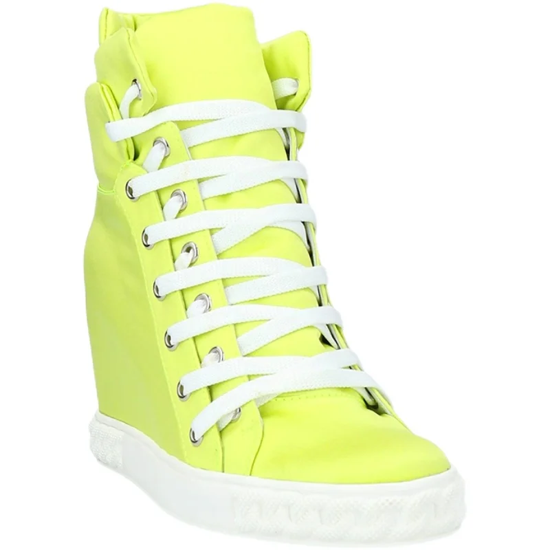 Bright Fluorescein Height Increasing High Top Sneaker Neon Yellow Lace Up Ankle Booties Women Inner Wedge Heel Casual Shoes