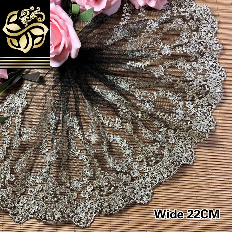 22CM Wide Elegant Gold Line Mesh Lace Fabric Embroidery Ribbon Trim Dress Guipure Scarf Apparel DIY Sewing Accessories