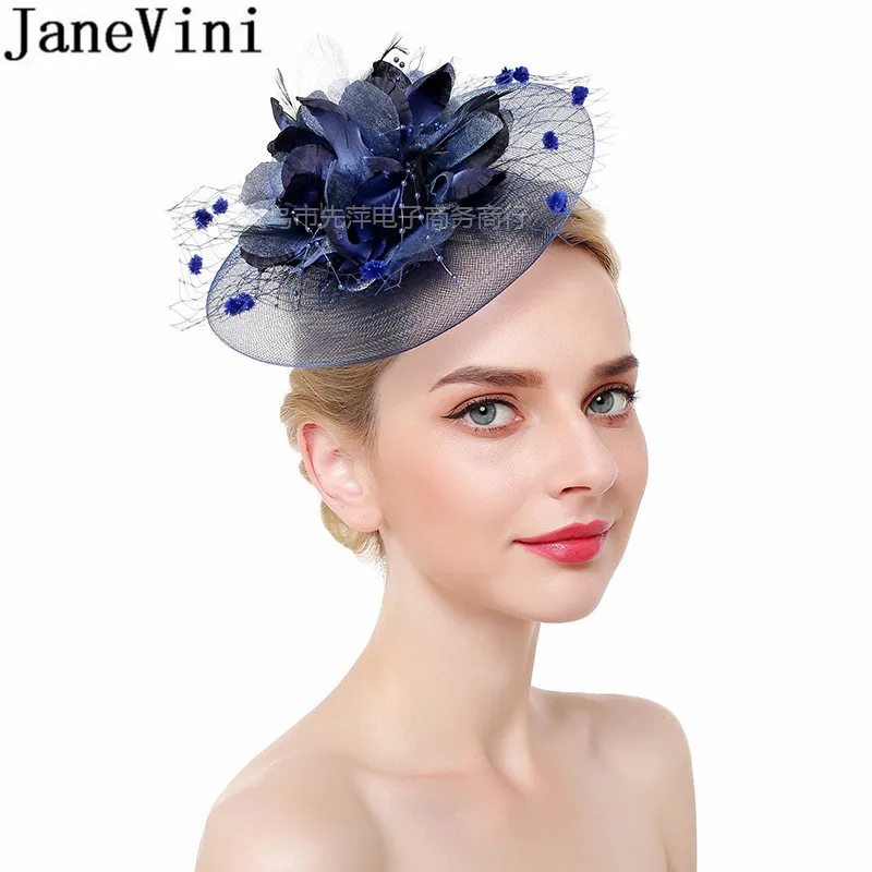 JaneVini 우아한 녹색 신부 모자 Fascinators 깃털 로얄 웨딩 모자 화이트 메쉬 여자 연회 티 파티 머리핀 머리띠