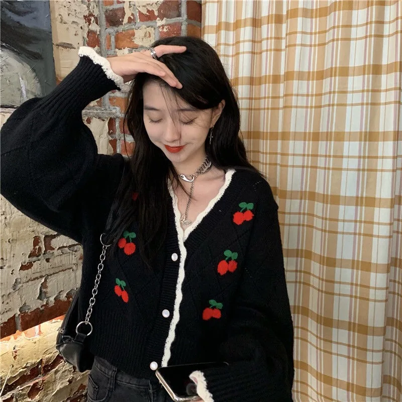 Fashion Cherry Embroidery Cute Cropped Cardigan Fall 20210 Women Clothing Black White Oversized Tops Loose Button Knit Sweater