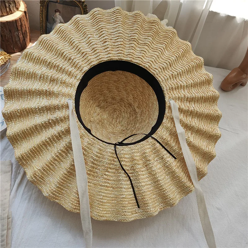 2022 100%Raffia Large Brim Ribbon Straw Hat Summer Sun visor Beach hat Dome Top Sun beach accessoriesHats For Women  Elegant cap