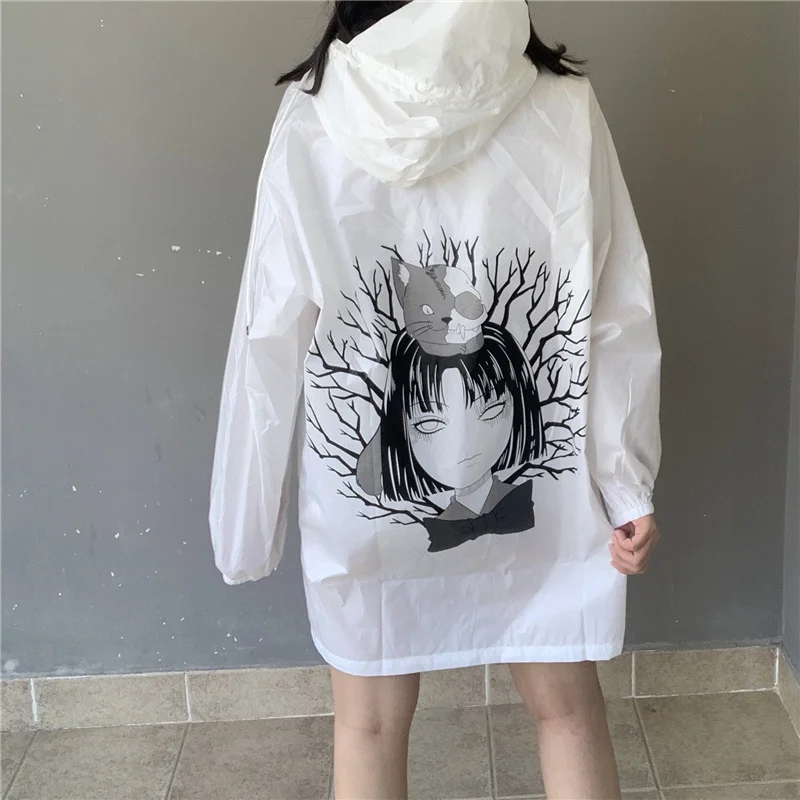 Harajuku Kawaii Anime Women\'s Trench Coat Spring Fashion Streetwear Punk Female Waterproof Oversized Long Windbreaker Raincoat