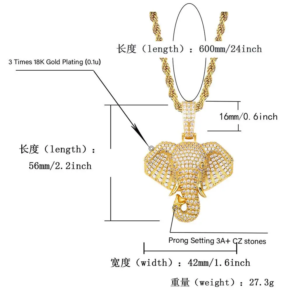 AAA+ Cubic Zirconia Paved Iced Out Bling Elephant Symbol of Peace Pendants Necklace Men Hip Hop Rapper Jewelry Gold Silver Color