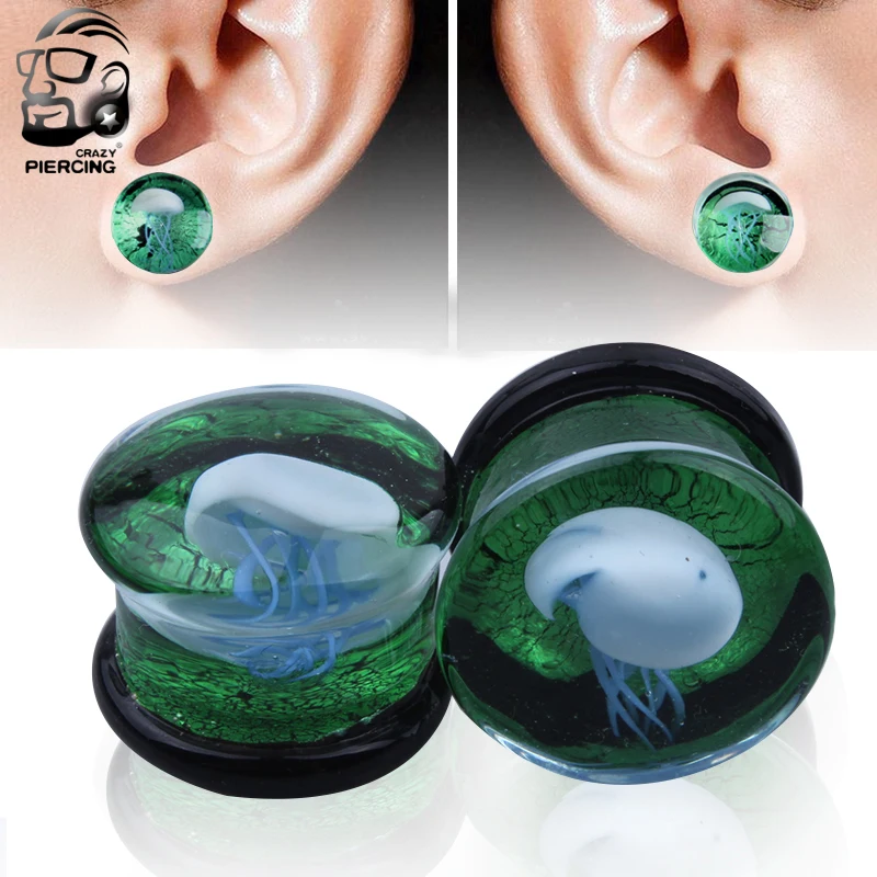 Mixed Size Green Earplugs Double Horn Saddle Stretch Measuring Extender 8-16mm 60 pieces/lot Ocean Jellyfish Glass Ear Plugs