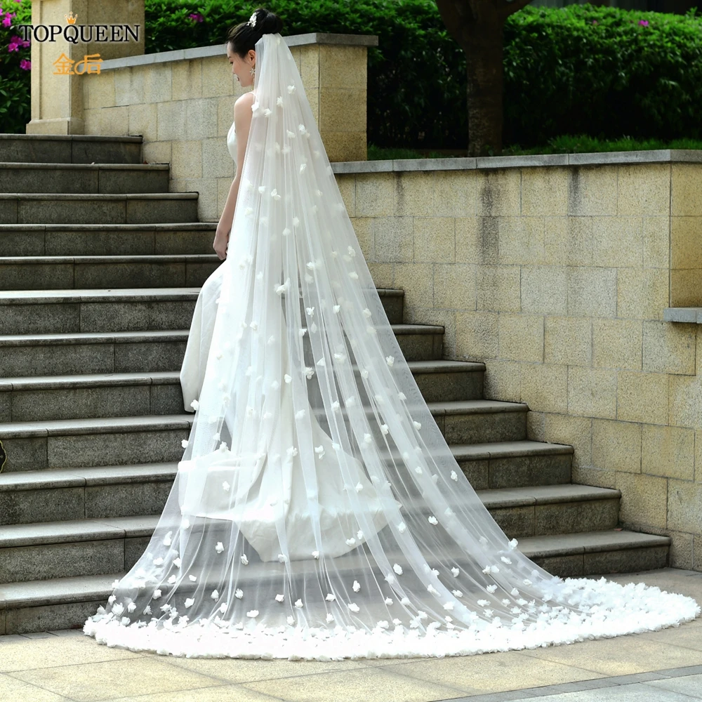 TOPQUEEN V93 3d Flowers Wedding Veil High Quality Handcrafted Cathedral Mantilla Bridal Veil Flowers Bridal Veil Soft Tulle Veil