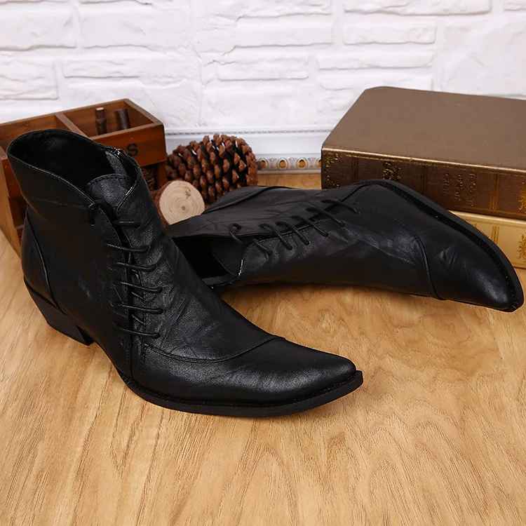 Mens Zipper Formal Ankle Boots Booties Design Pointed Toe Fashion Chunky Lace Up Shoes Wedding Party Prom Boots